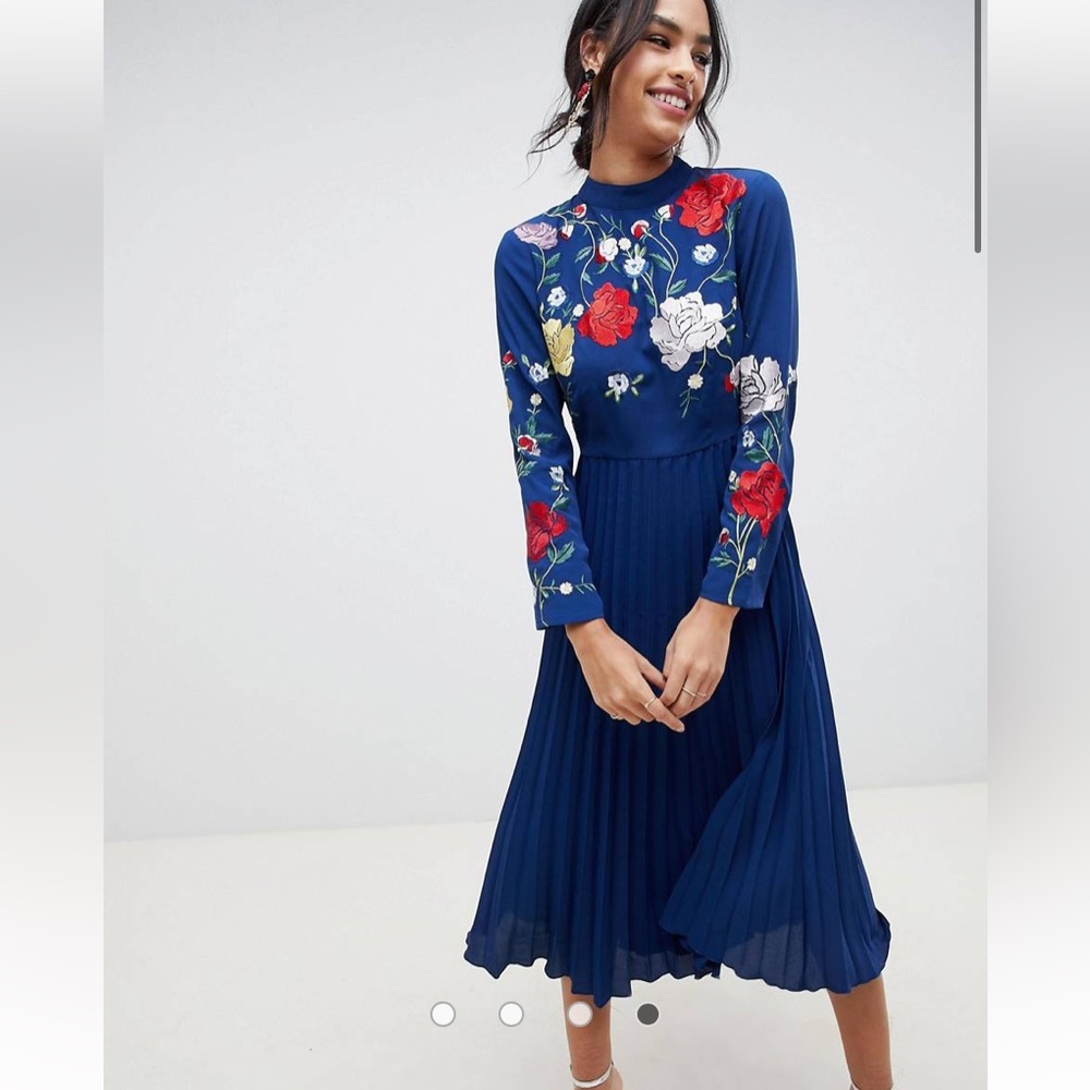 ASOS DESIGN Pleated high neck midi dress with embroidery